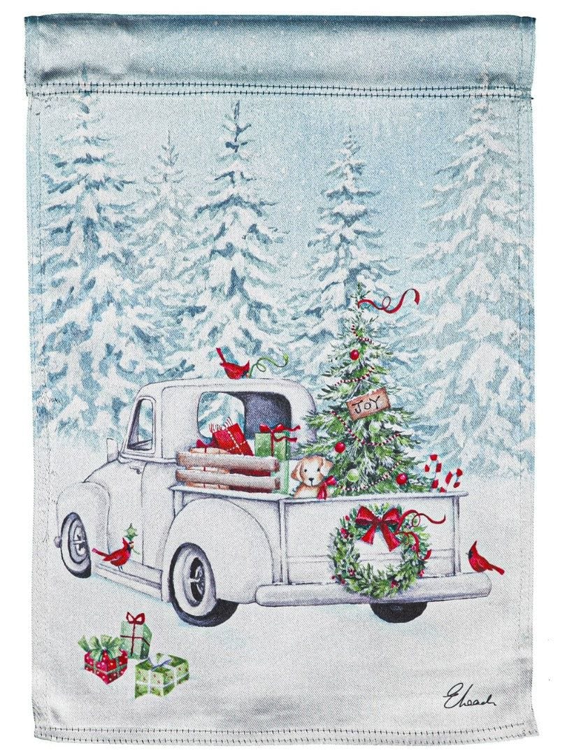 White Christmas Truck Garden Flag 2 Sided Lustre