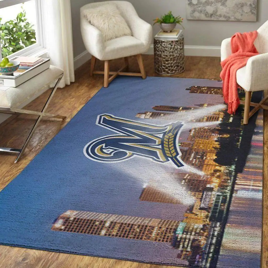 Cityscape Rug with Modern Letter M Design for Home Blue and Yellow