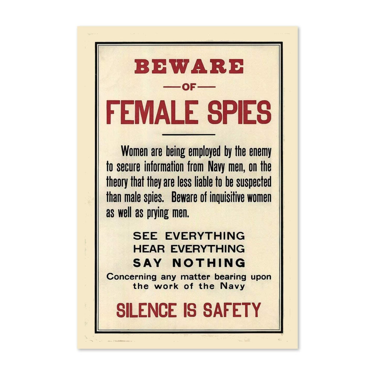 Beware of Female Spies ‚Äî World War I Poster 1915 | Vintage WWI Wall Art