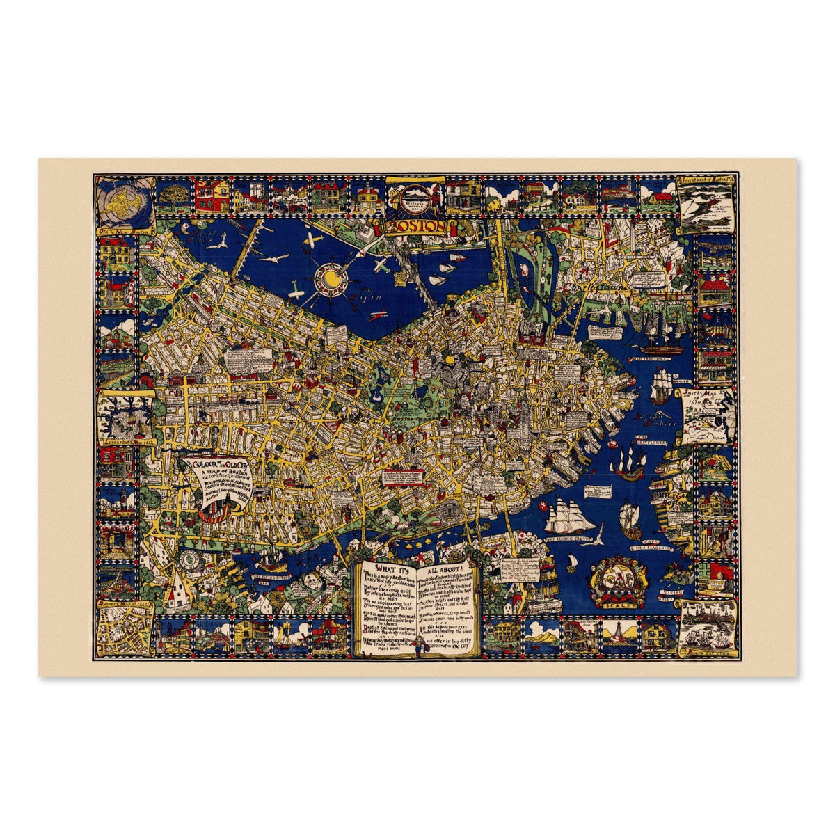 Boston 1920s Pictorial Map Poster ‚Äî What It‚Äôs All About Street Map Print | Vintage Map Wall Art