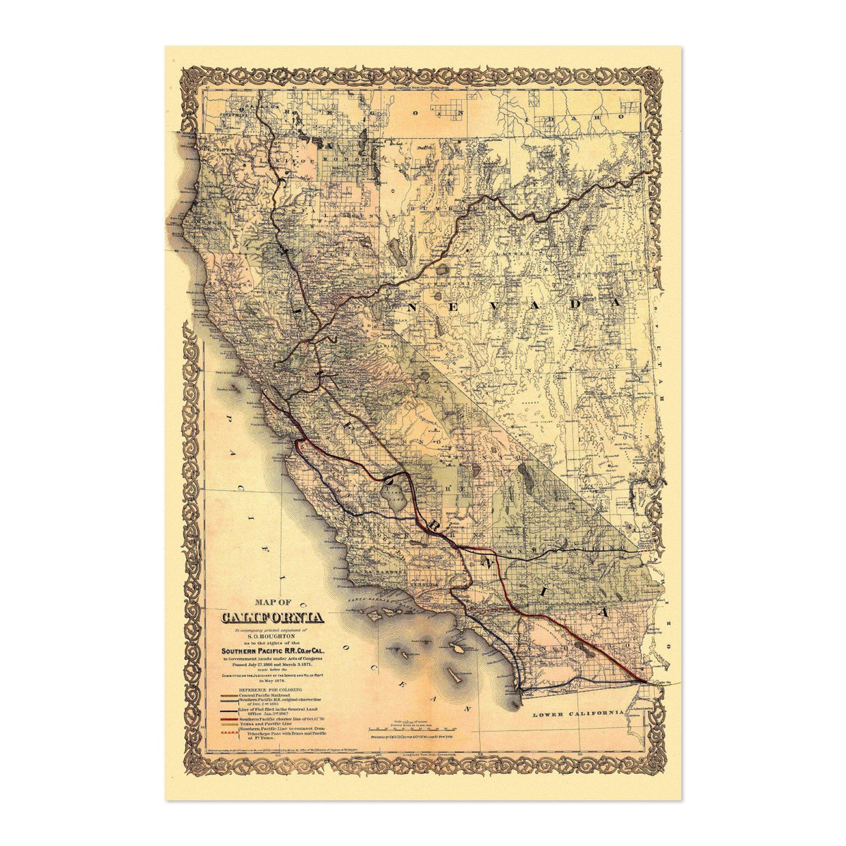 California & Nevada 1870s Railroad Map Poster ‚Äî Southern Pacific Map Print | Vintage Map Wall Art