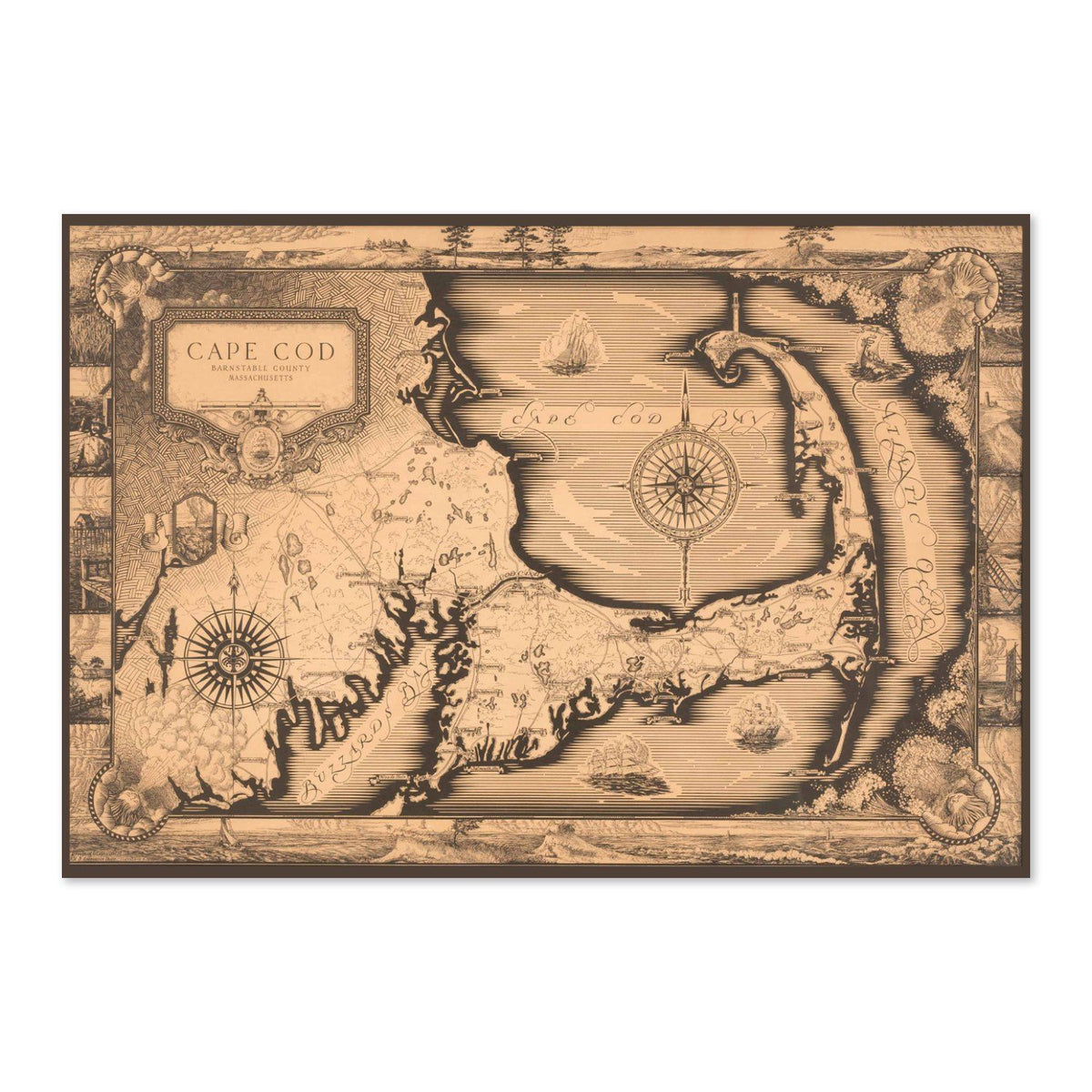 Cape Cod 1930s Map Poster ‚Äî Vintage Cape Cod Pictorial Map Print | Vintage Map Wall Art