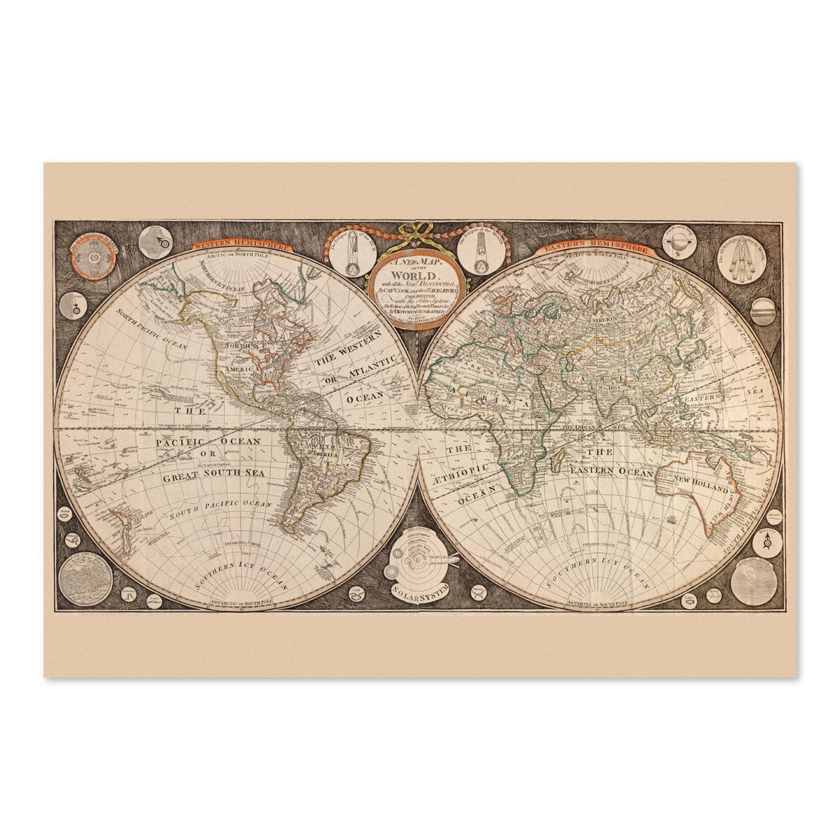 Captain Cook‚Äôs Discoveries 1790s World Map Poster ‚Äî Double Hemisphere Print | Vintage Map Wall Art