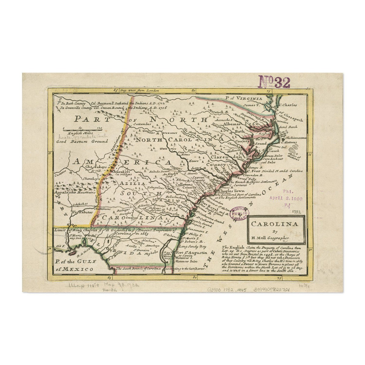 Carolina 1732 Map Poster ‚Äî Colonial Carolina Map Print | Vintage Map Wall Art