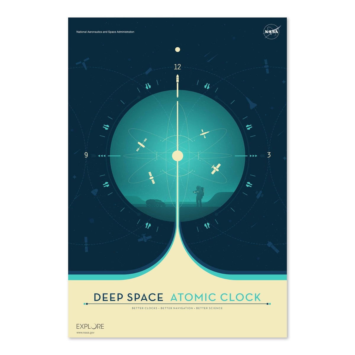 Deep Space Atomic Clock Poster (Teal) ‚Äî Retro NASA JPL Travel Print | Space Wall Art