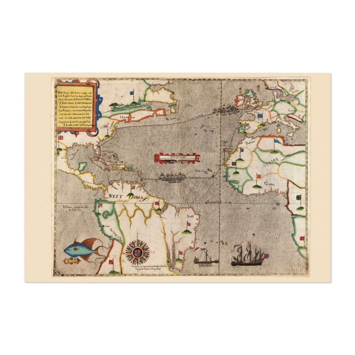 Drake‚Äôs West Indies Voyage 1585 Poster ‚Äî Boazio Atlantic Route Map Print | Vintage Map Wall Art