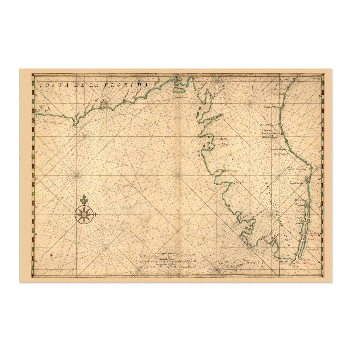 Florida Coast 1639 Chart Poster ‚Äî Costa de la Florida Sea Chart Print | Vintage Map Wall Art