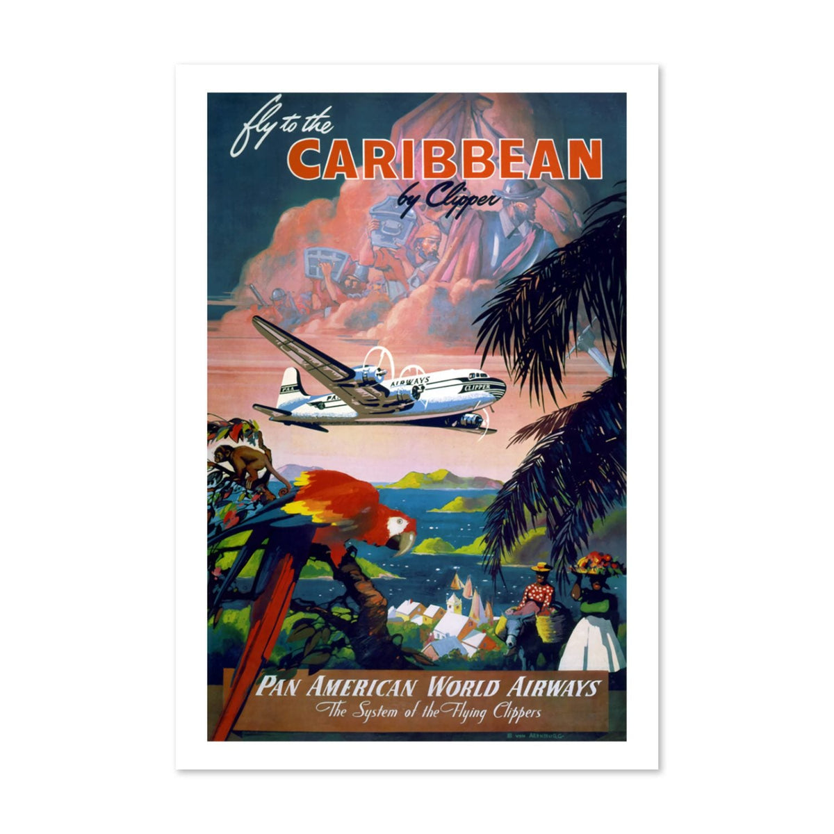 Fly to the Caribbean by Clipper ‚Äî Pan American ‚Äî Vintage 1940s Travel Poster | Caribbean Wall Art