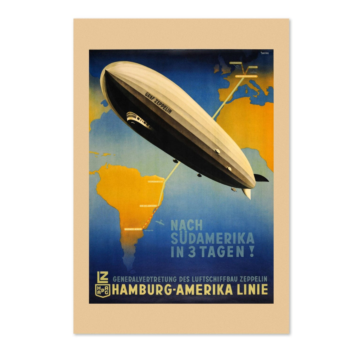 Graf Zeppelin ‚Äî To South America in 3 Days ‚Äî Vintage 1930s Travel Poster | Aviation Wall Art