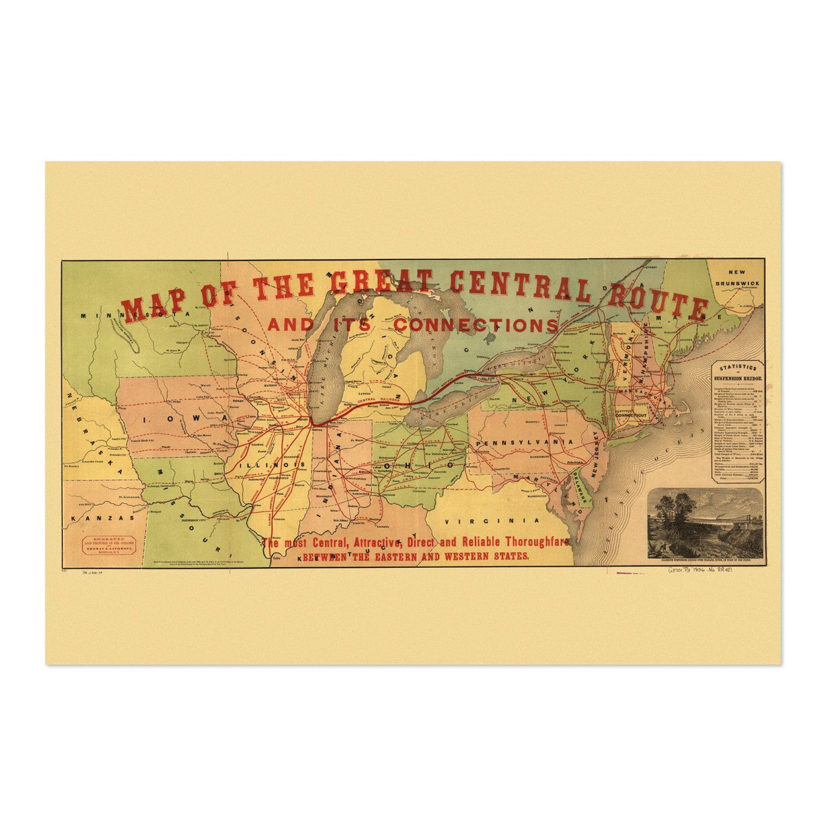 Great Central Route 1850s Railroad Map Poster ‚Äî Great Western Railway Map Print | Vintage Map Wall Art