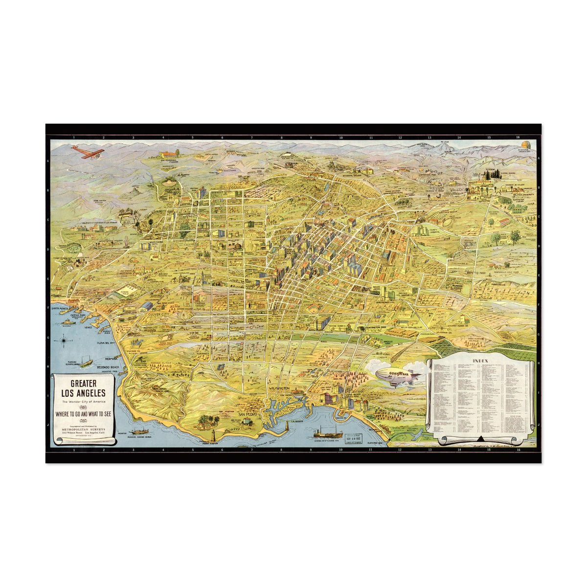 Greater Los Angeles 1930s Sightseeing Map Poster ‚Äî Panoramic LA Map Print | Vintage Map Wall Art