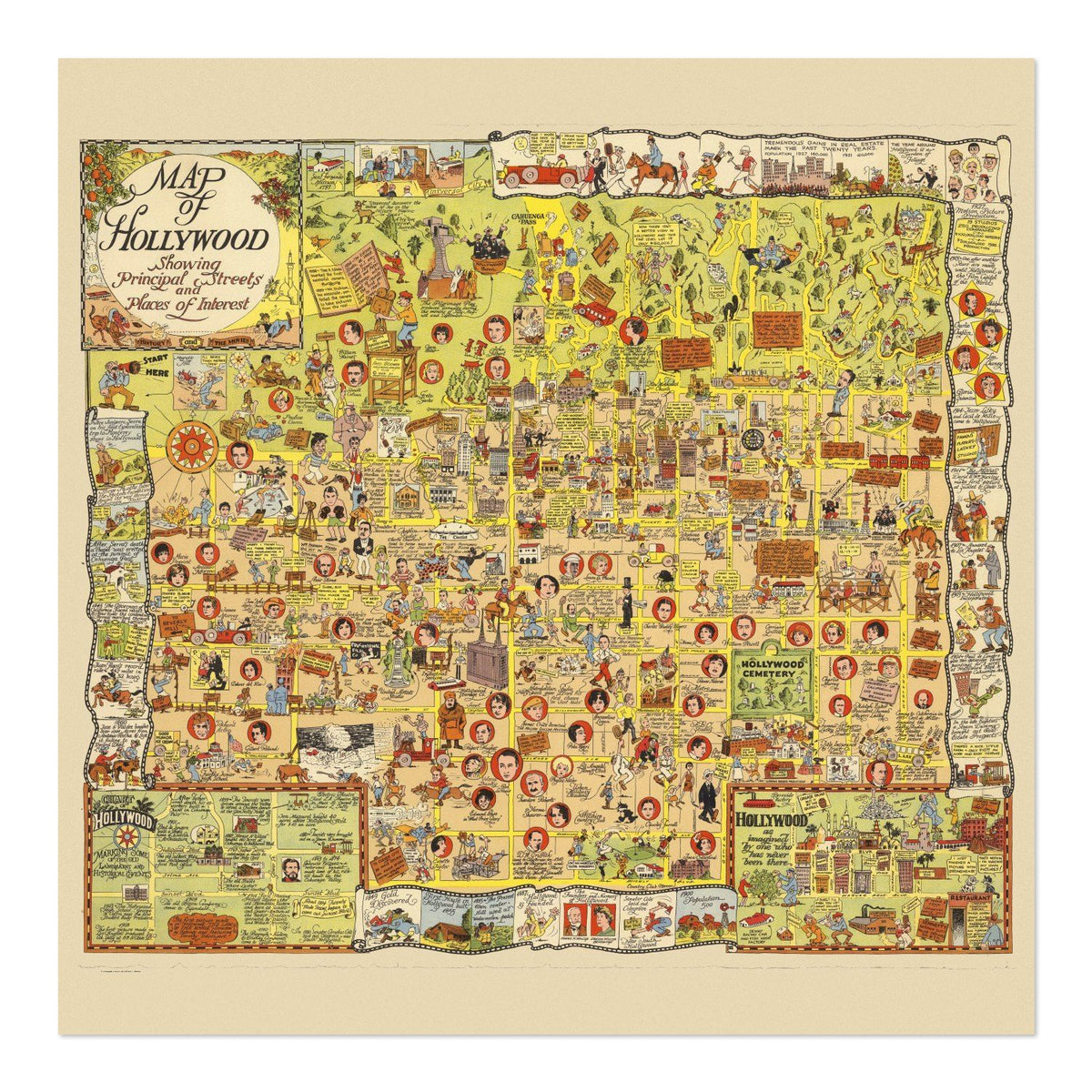 Hollywood 1928 Map Poster ‚Äî Hilarious Pictorial Map of Hollywood Print | Vintage Map Wall Art