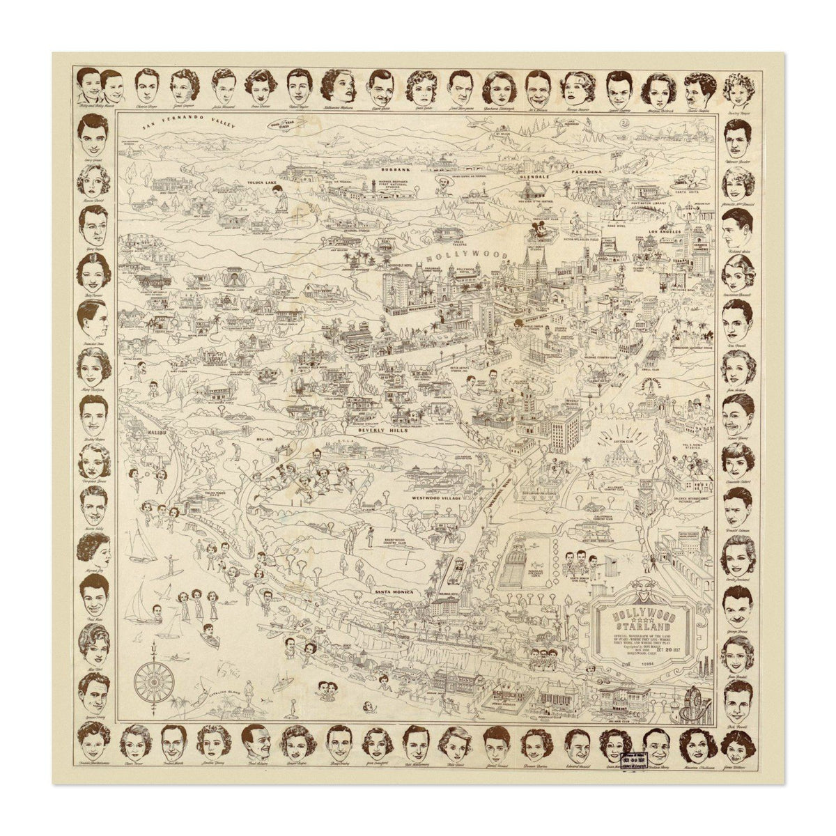 Hollywood Starland 1937 Map Poster ‚Äî Map of the Movie Stars Print | Vintage Map Wall Art