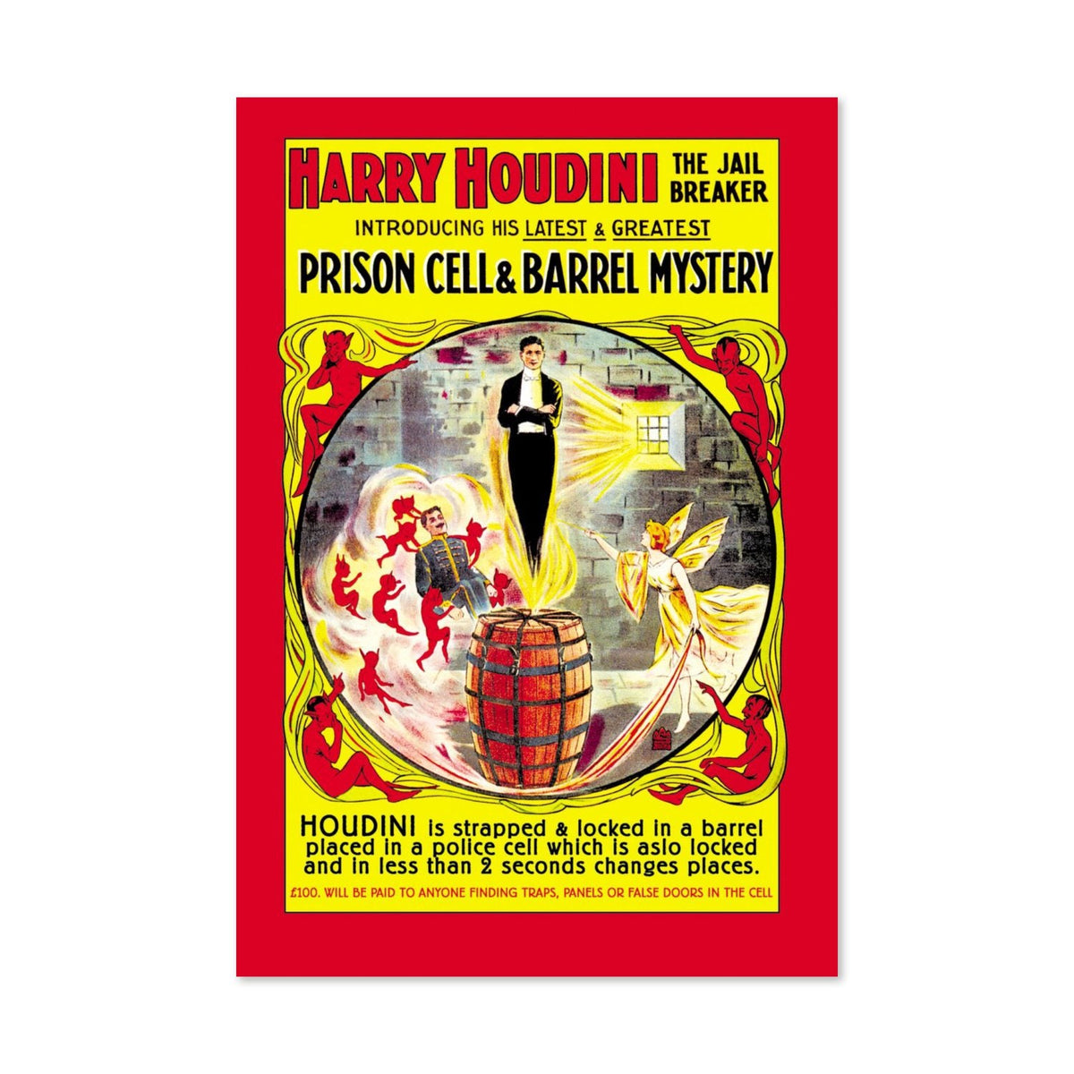 Houdini Prison Cell & Barrel Mystery Poster ‚Äî 1900s Vintage Magic Show Print | Magician Wall Art