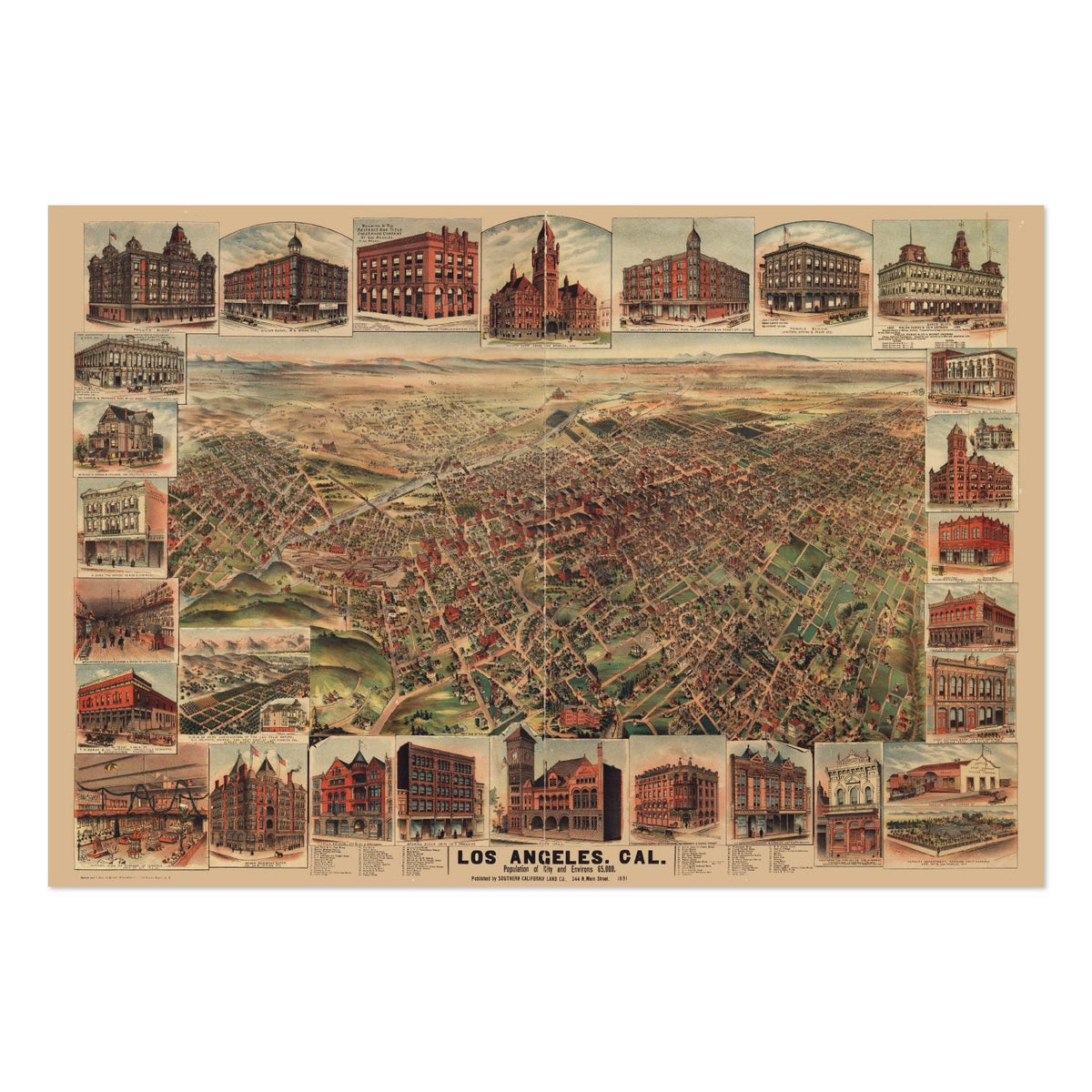 Los Angeles 1891 Panoramic Map Poster ‚Äî California Bird‚Äôs-Eye View Print | Vintage Map Wall Art