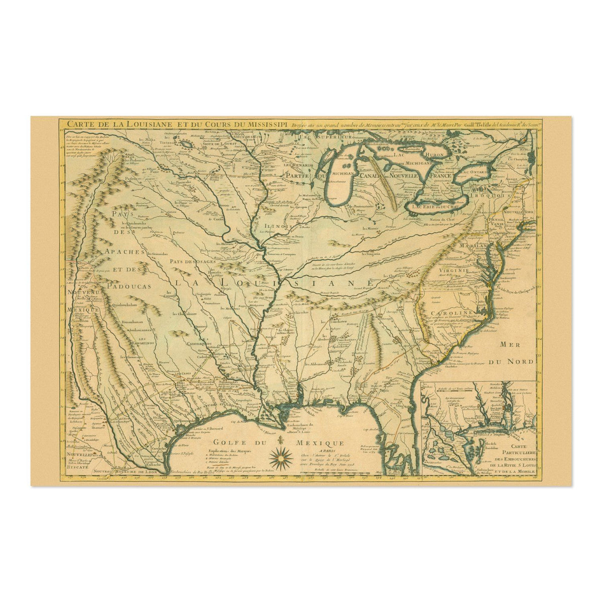 Louisiana & the Mississippi 1730 Map Poster ‚Äî Delisle Carte de la Louisiane Print | Vintage Map Wall Art