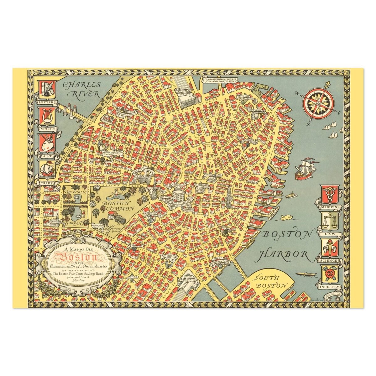 Map of Old Boston 1929 Poster ‚Äî Pictorial Boston Map Print | Vintage Map Wall Art