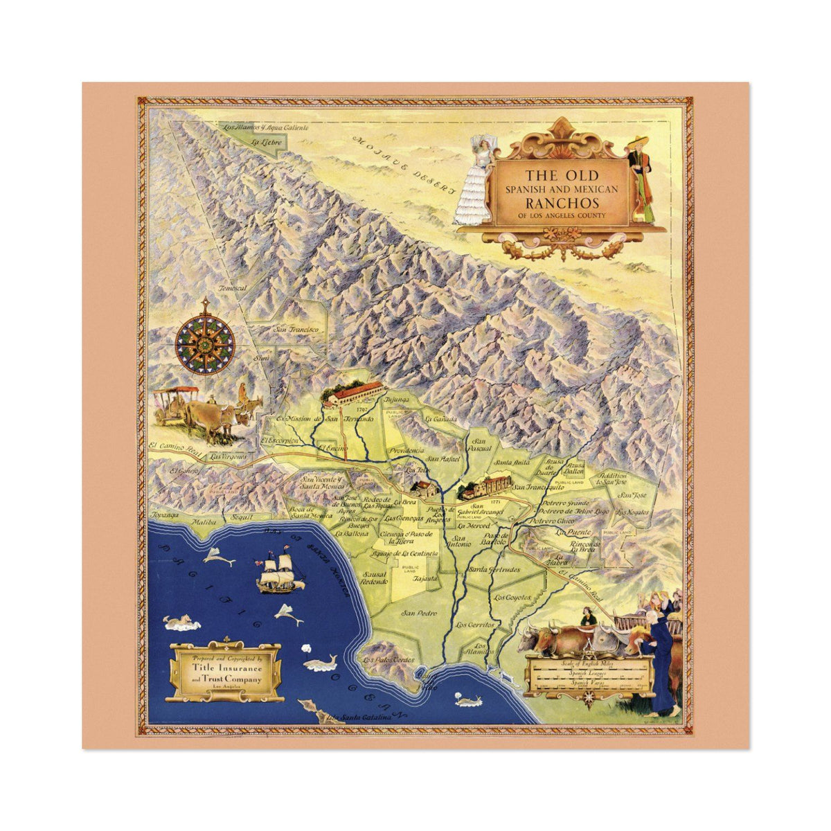 Old Spanish Ranchos of Los Angeles Map Poster ‚Äî 1930s Pictorial LA Map Print | Vintage Map Wall Art