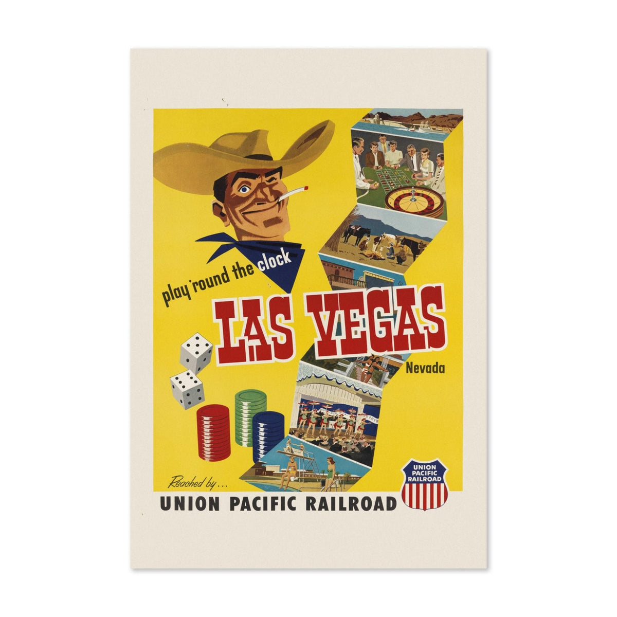 Play Round the Clock in Las Vegas ‚Äî Union Pacific ‚Äî Vintage 1952 Travel Poster | Las Vegas Wall Art