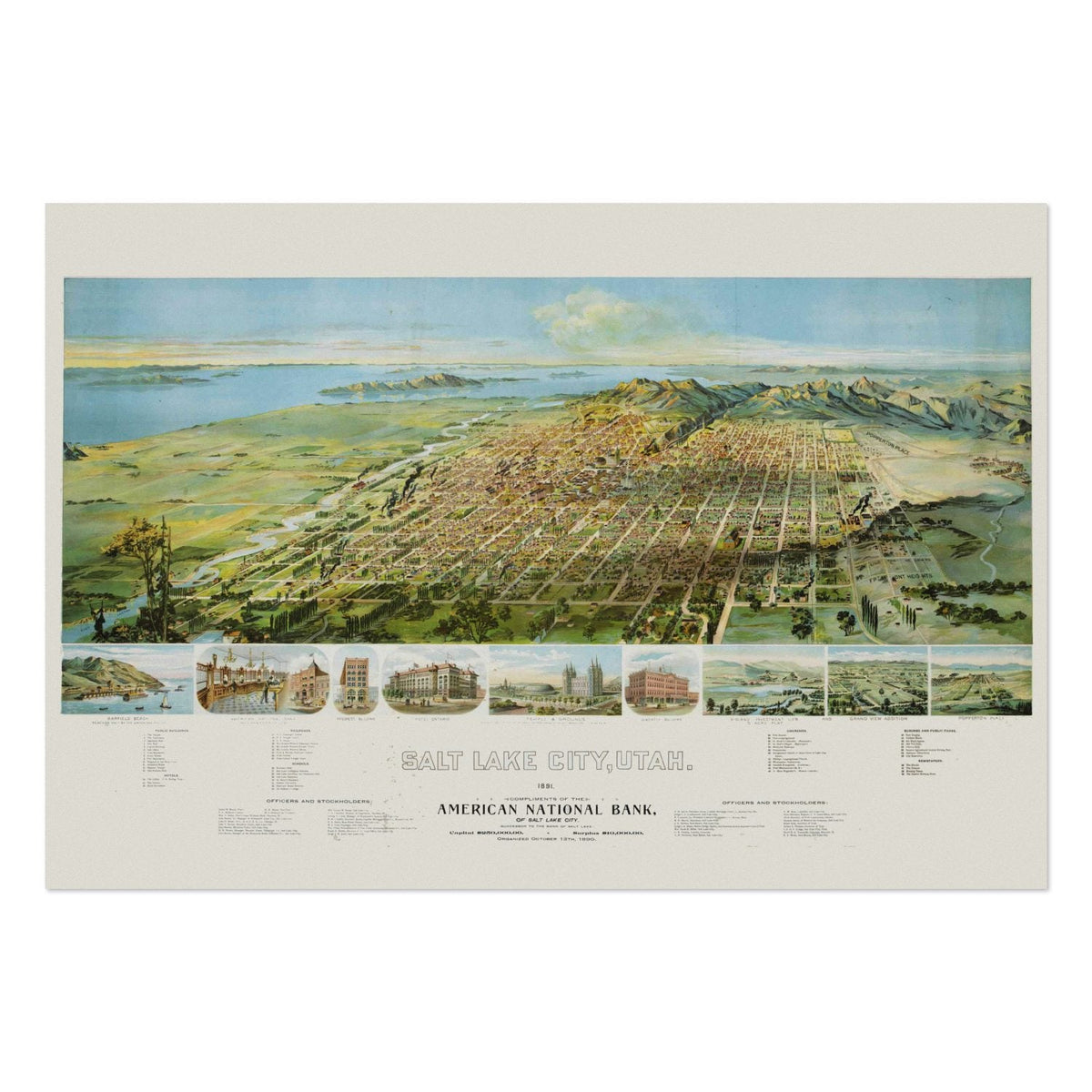 Salt Lake City 1891 Panoramic Map Poster ‚Äî Utah Bird‚Äôs-Eye View Print | Vintage Map Wall Art