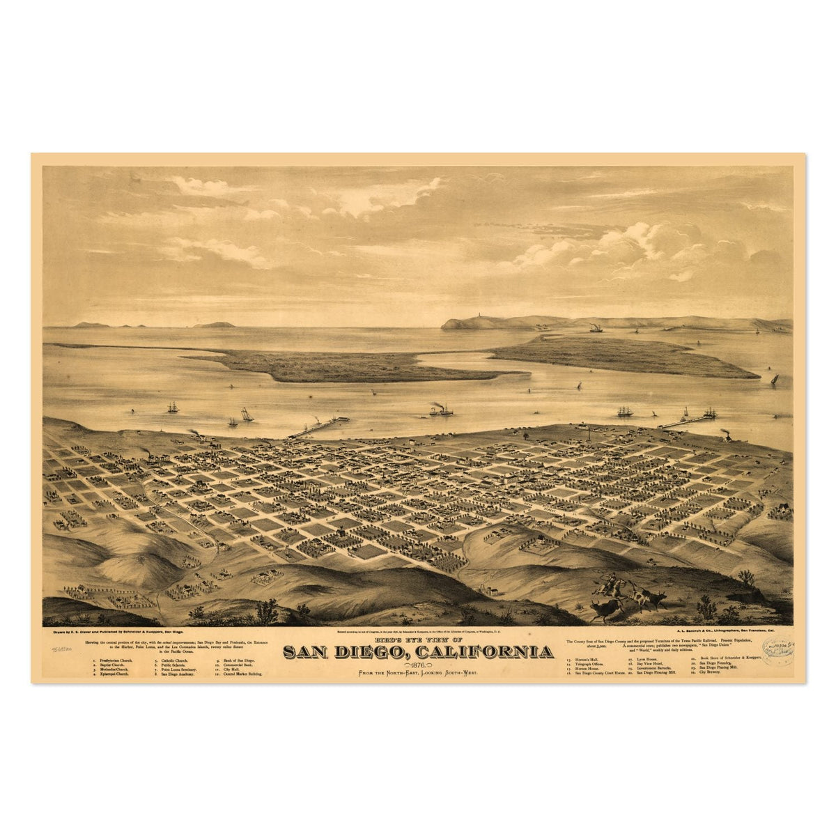 San Diego 1876 Panoramic Map Poster ‚Äî California Bird‚Äôs-Eye View Print | Vintage Map Wall Art