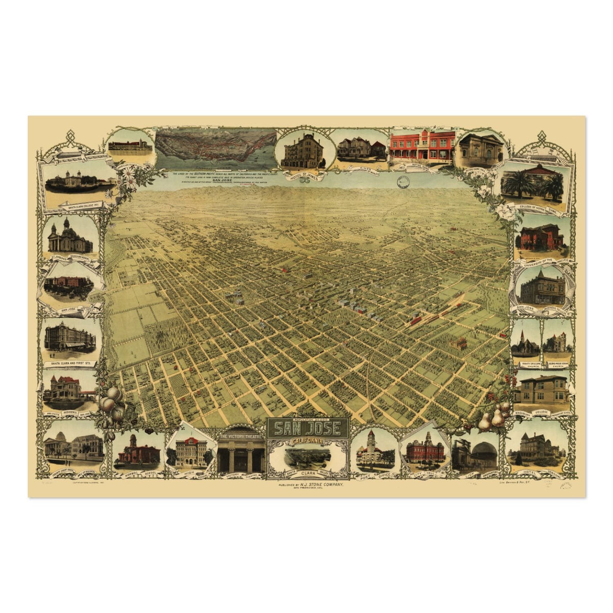 San Jose 1901 Panoramic Map Poster ‚Äî California Bird‚Äôs-Eye View Print | Vintage Map Wall Art