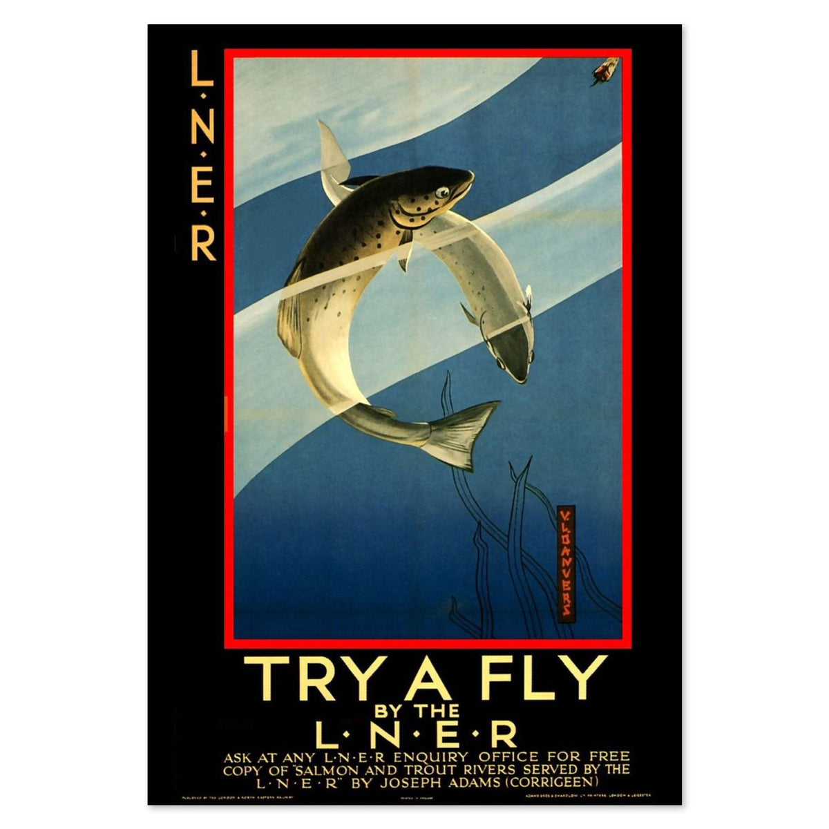 Try a Fly ‚Äî LNER Trout Fishing ‚Äî Vintage 1930s Travel Poster | Fishing Wall Art
