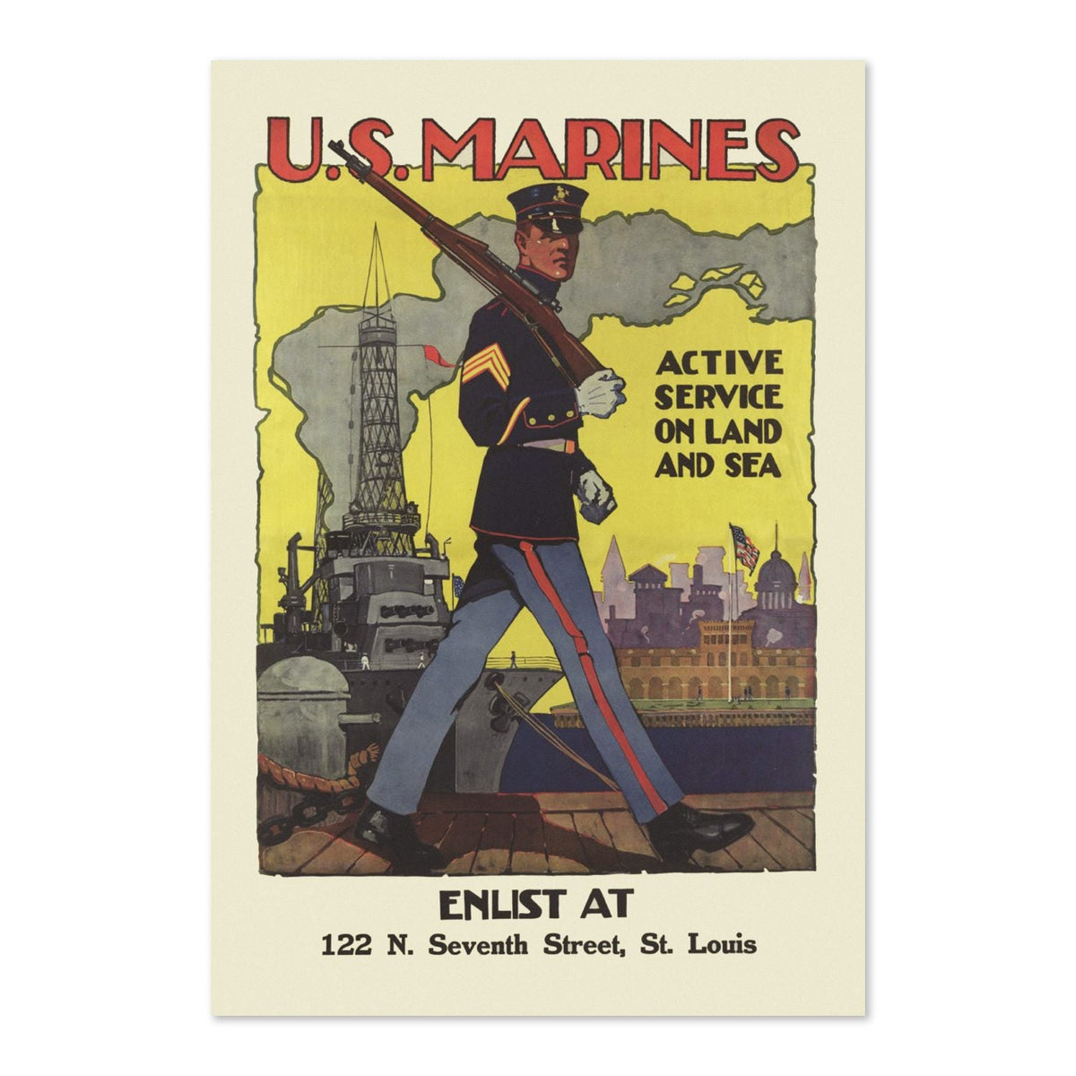 U.S. Marines ‚Äî Active Service on Land and Sea ‚Äî World War I Poster 1917 | Vintage WWI Wall Art