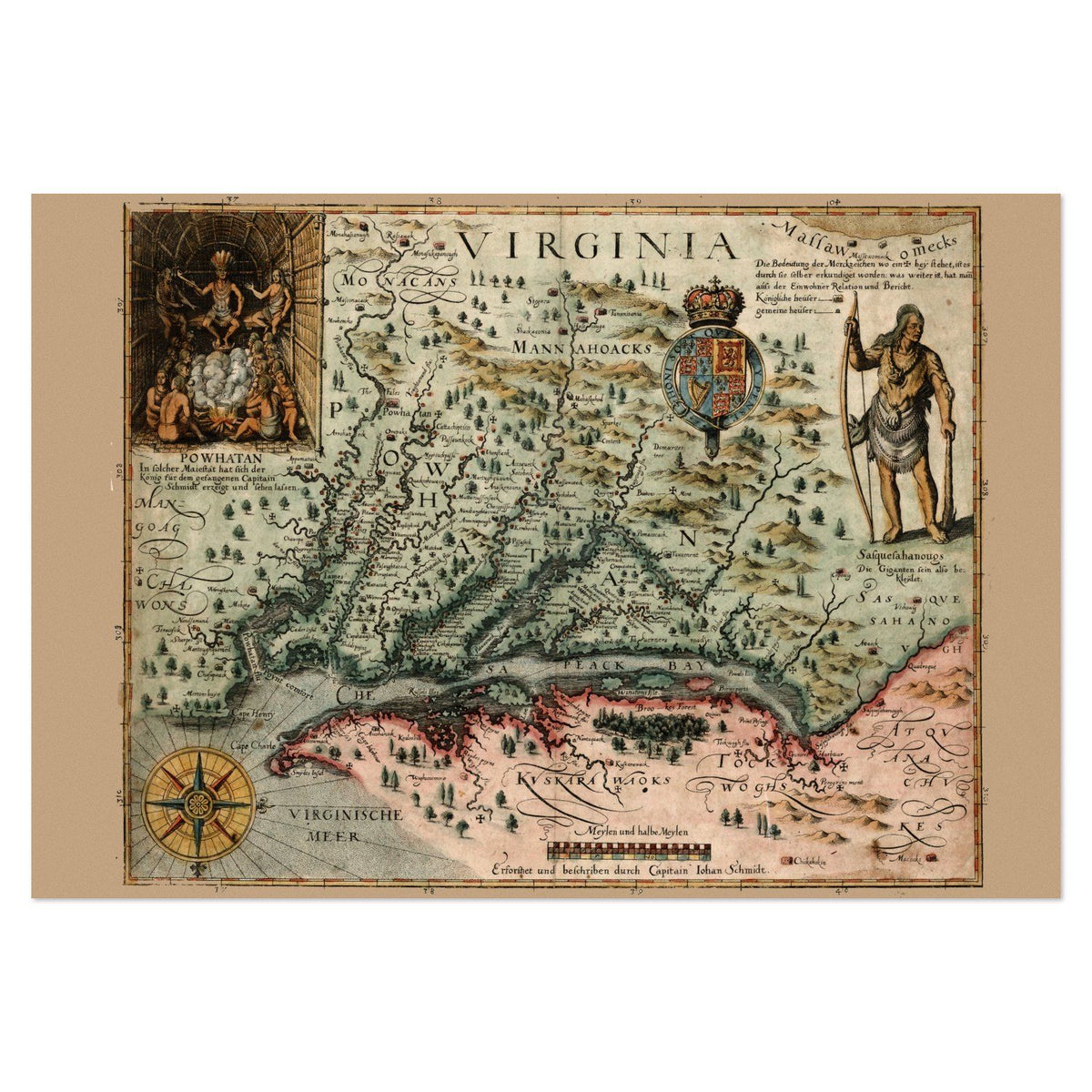 Virginia 1620s Map Poster ‚Äî Captain John Smith Colonial Map Print | Vintage Map Wall Art