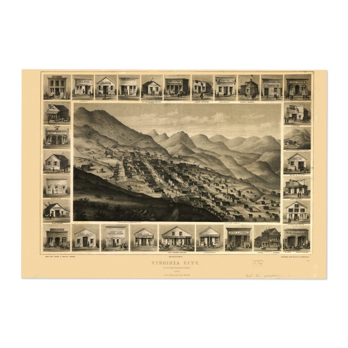 Virginia City 1861 Panoramic Map Poster ‚Äî Nevada Bird‚Äôs-Eye View Print | Vintage Map Wall Art