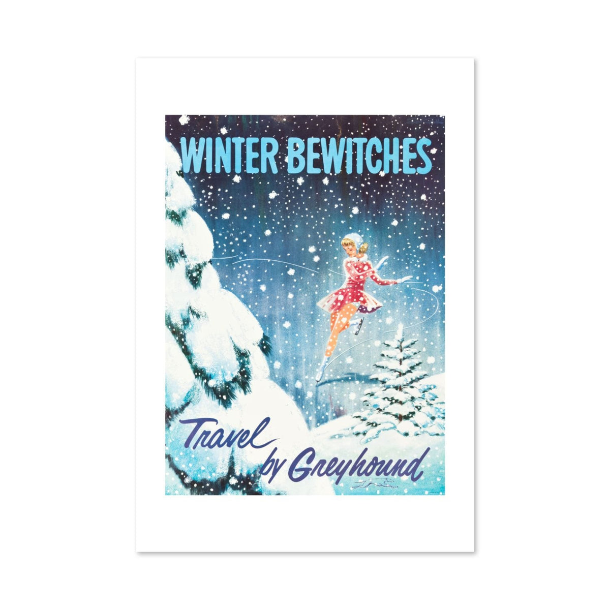 Winter Bewitches ‚Äî Greyhound ‚Äî Vintage 1960s Travel Poster | Seasonal Wall Art