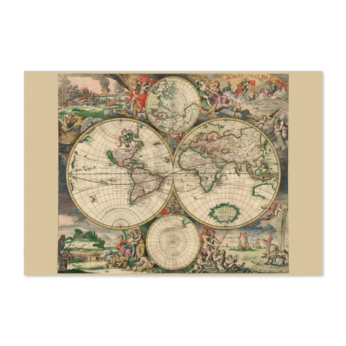 World Map 1689 Poster ‚Äî Dutch Double Hemisphere with New Amsterdam Print | Vintage Map Wall Art
